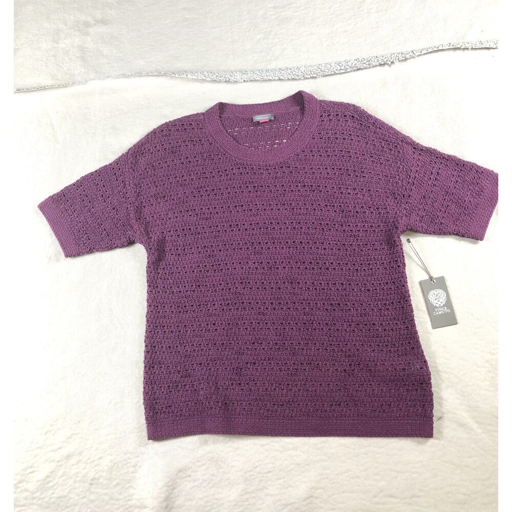 New Vince Camuto Sweater S Purple Cotton Blend Open Stitch Short Sleeve Crewneck